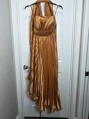 Strapless Elegant Gold/Copper Pleated Evening Dress with Draped Bodice
